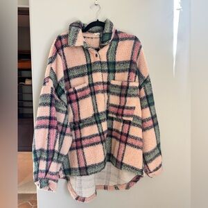 POL Oversized Teddy Plaid Shacket Jacket Pink Green Soft Girl Grunge Coquette M